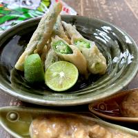 オクラのビール衣揚げみょうが味噌添え